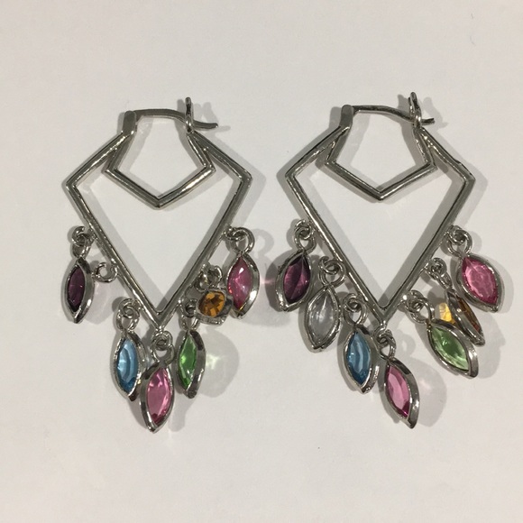 Silver Dangling Color Stones 💎 Earrings - Picture 2 of 4